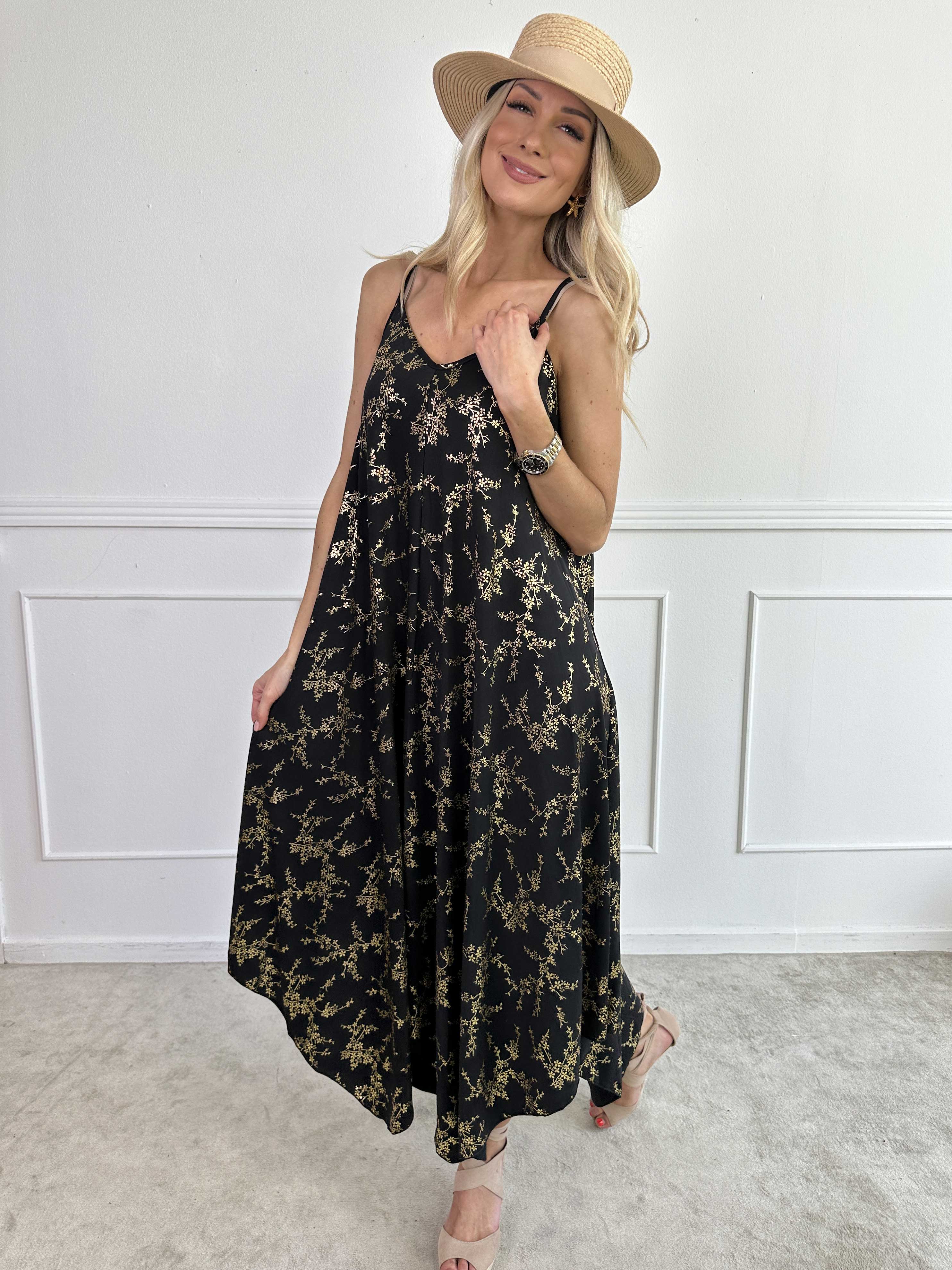 Maisie Gold - Axelremsklänning i elastiskt material med guld mönster